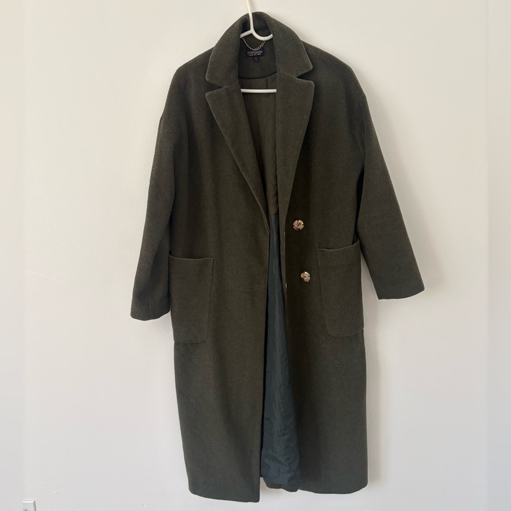 Topshop Khaki Green Longline Brushed Wool Blend Chuck On Coat Patch Pockets 6 - Picture 10 of 13